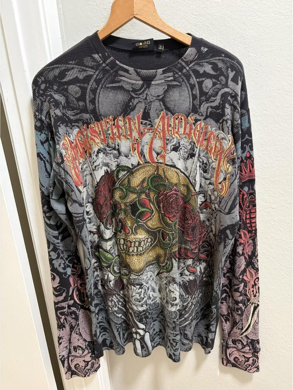 Christian Audigier Y2K Men L Thermal Skull Rose Rhinestone